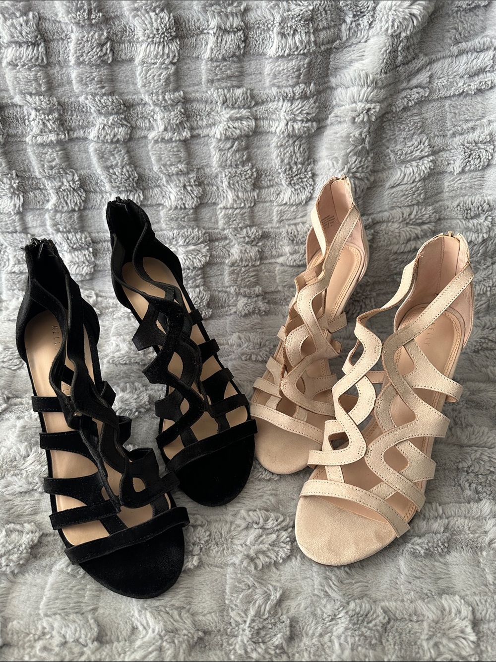 Kelly & Katie Strappy Cutout Heeled Sandals in Black and Nude